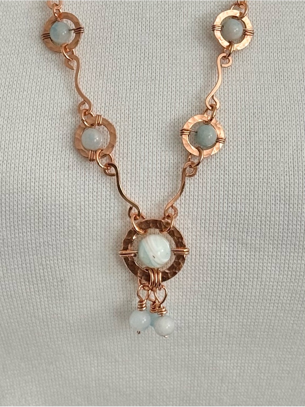 Artisan Aquamarine Beads Station Necklace with Hammered Copper Elements - Picture 2 of 3